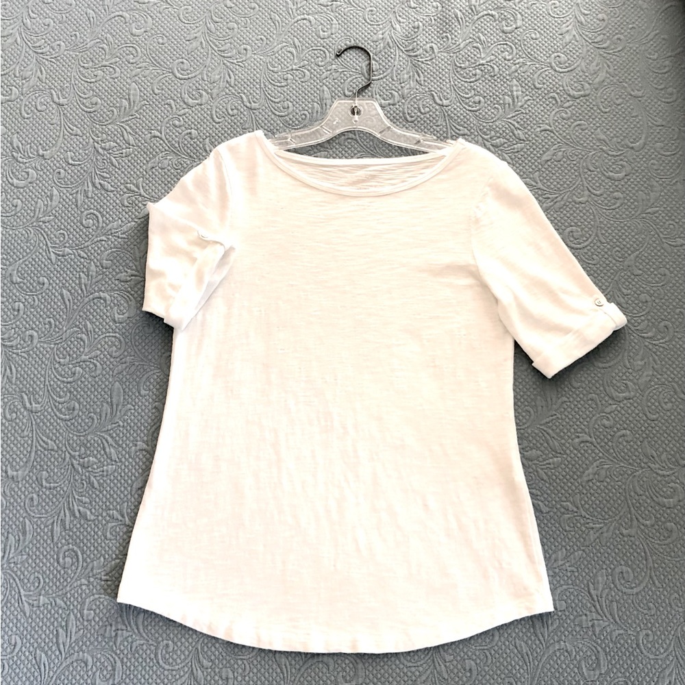 Chicos, white cotton/modal top,  Size 0. Elbow length sleeve.